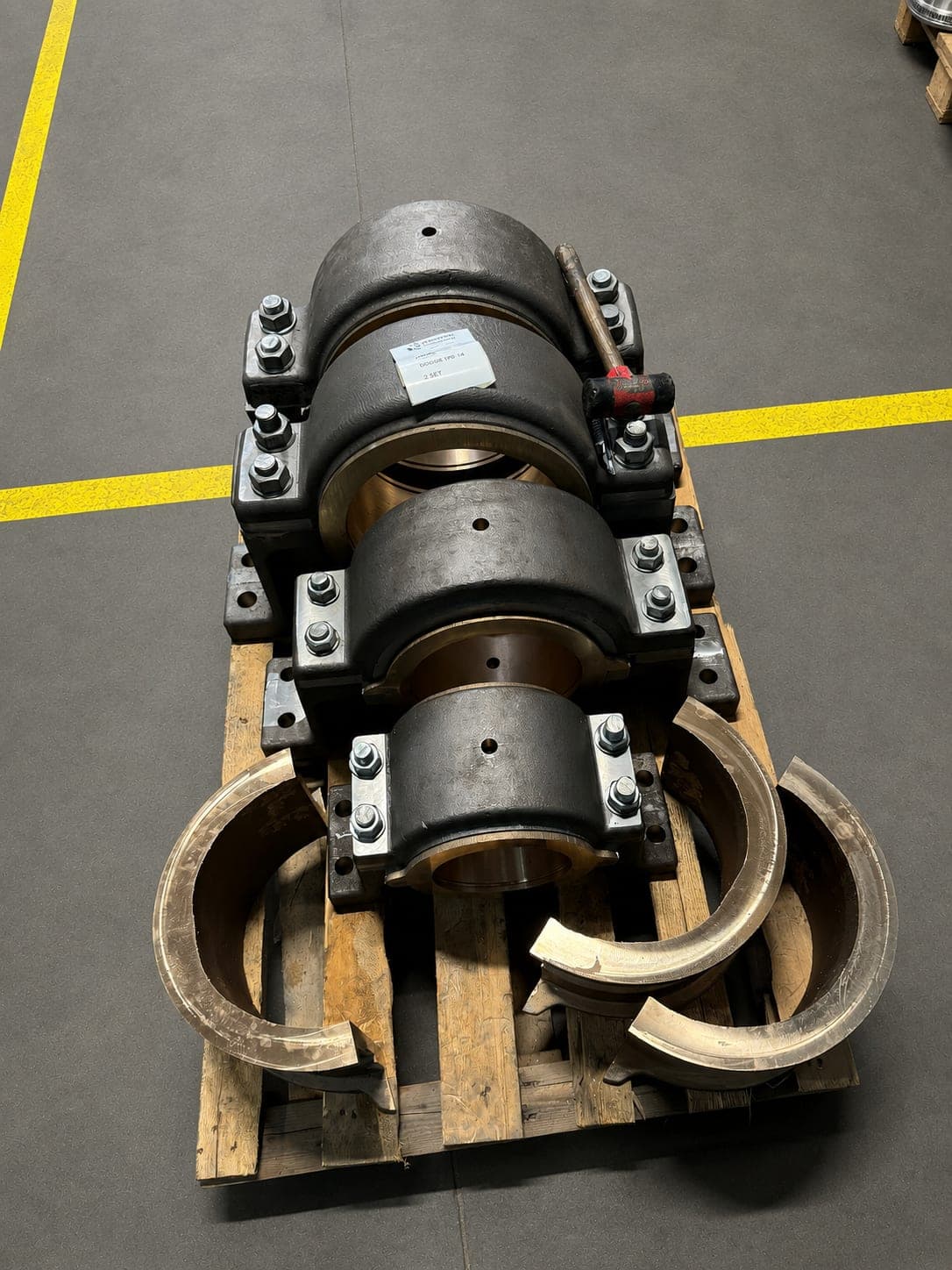 Split bearing blocks with bronze shells on a pallet
