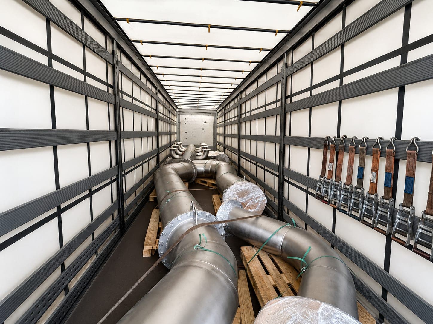 Finished piping spools strapped onto a trailer for delivery to site