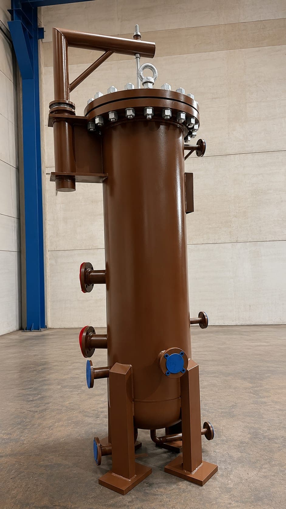 Coated vertical filter vessel on a fabricated support frame