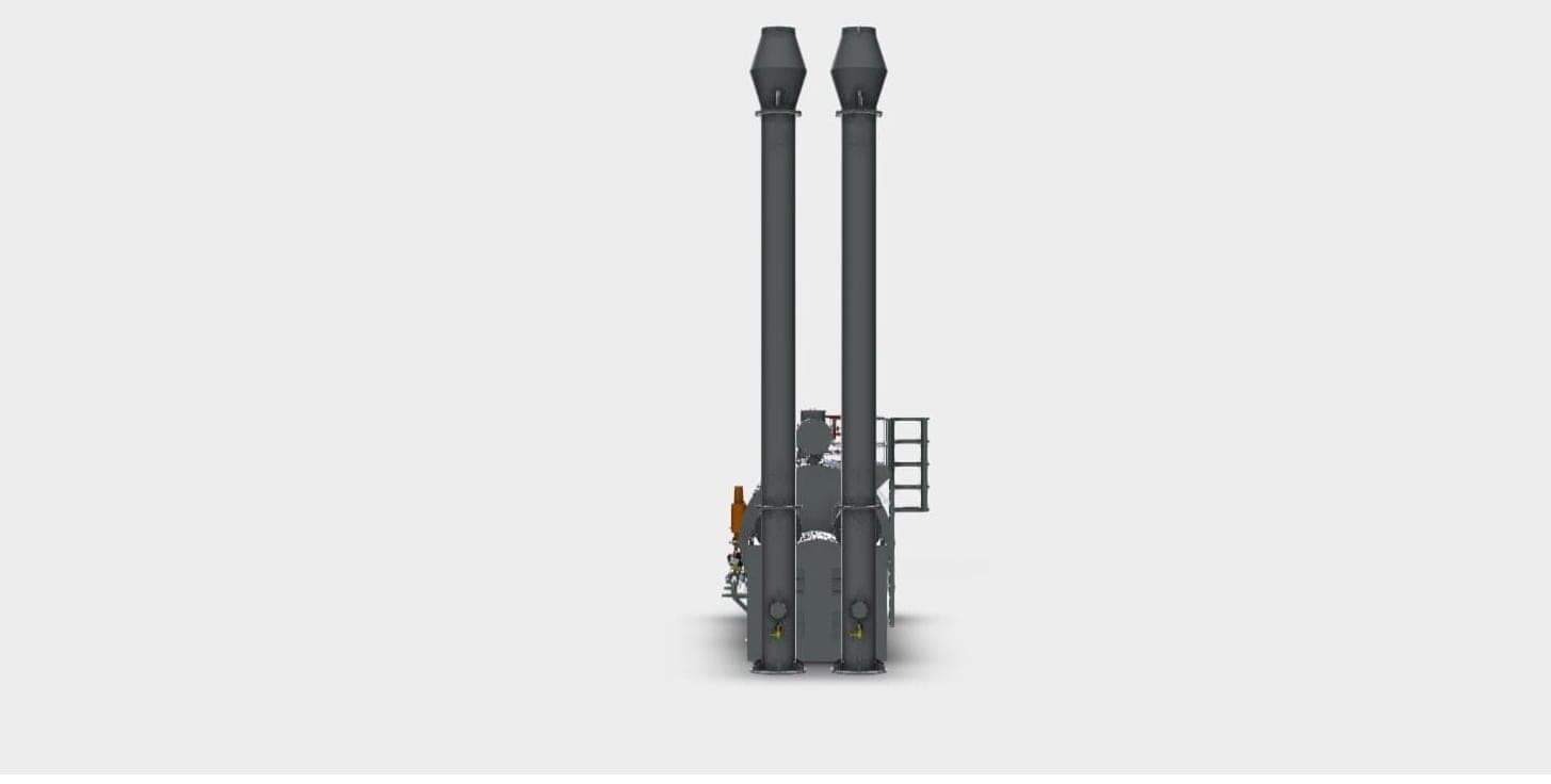 Design render of a treatment unit with twin vent stacks and access platform, front elevation